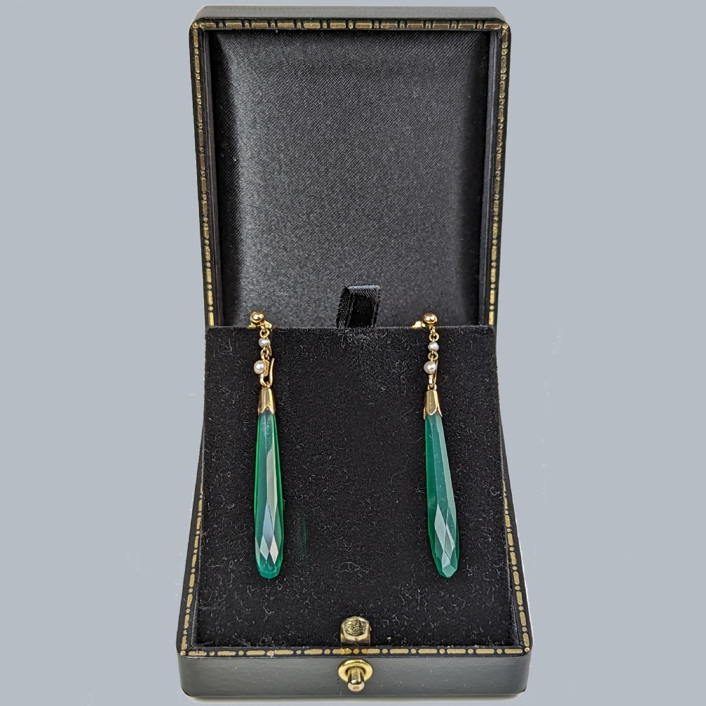 EDWARDIAN 15ct GOLD PEARL and GREEN QUARTZ DROP EARRINGS Antique Teardrop Dangle View V