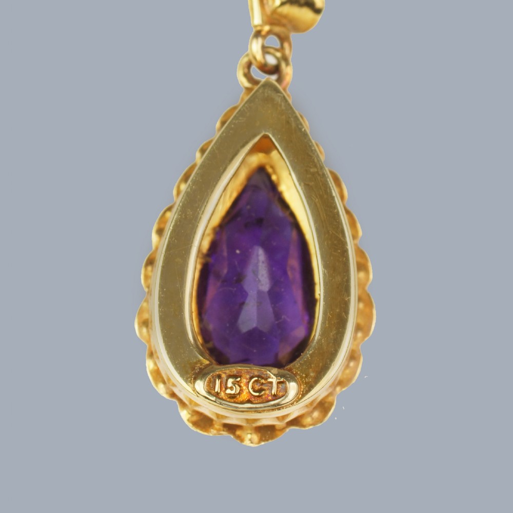 Victorian Amethyst & Pearl Drop Earrings 15ct Gold Antique Dangle Post Earrings View IV