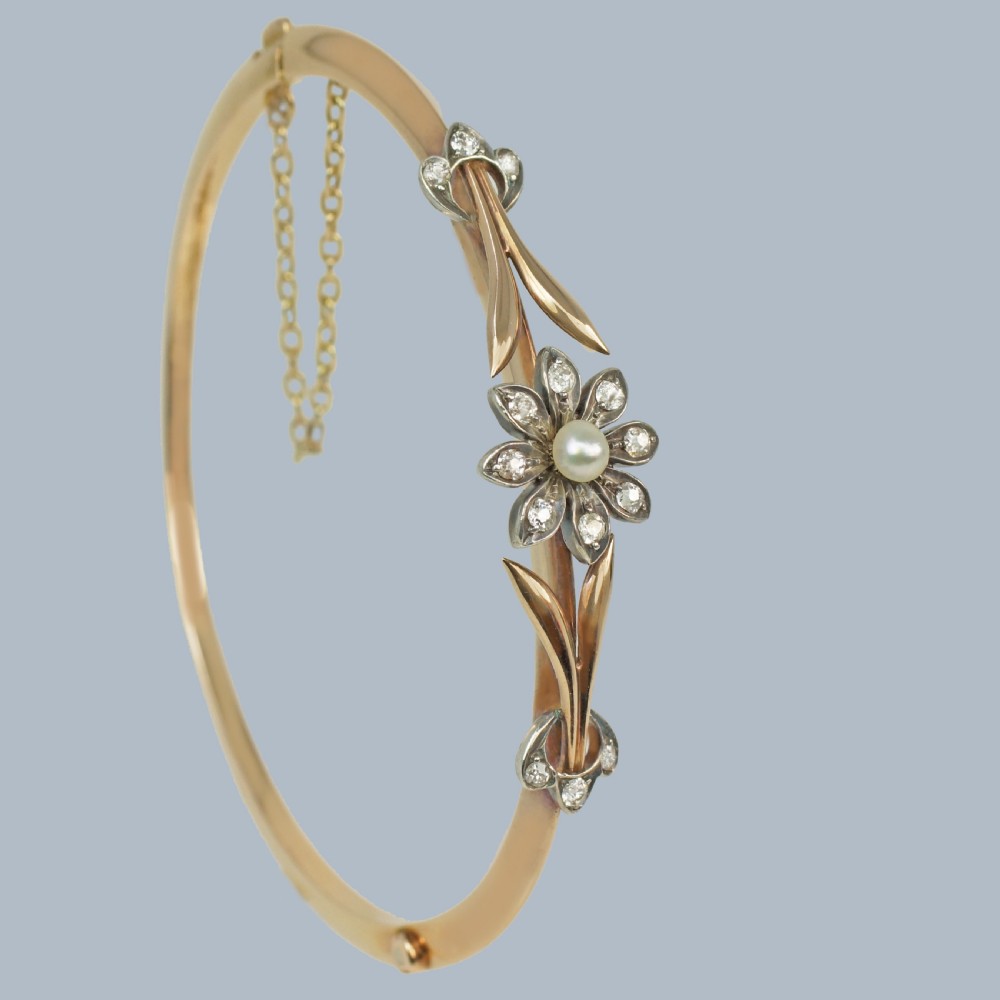 VICTORIAN DIAMOND and PEARL BANGLE 15ct Gold Antique Diamond Floral Bangle circa 1890 View X