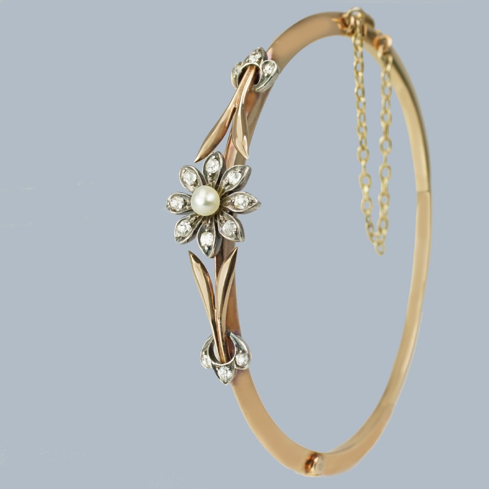 VICTORIAN DIAMOND and PEARL BANGLE 15ct Gold Antique Diamond Floral Bangle circa 1890 View XI