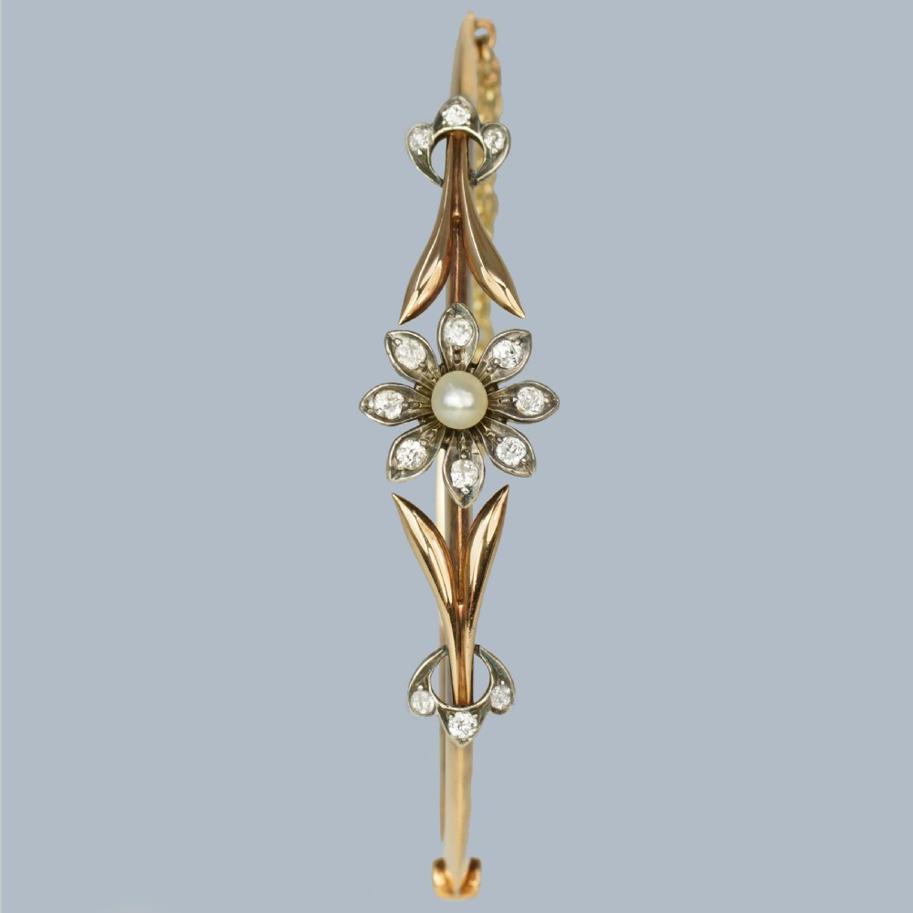 VICTORIAN DIAMOND and PEARL BANGLE 15ct Gold Antique Diamond Floral Bangle circa 1890 View XII