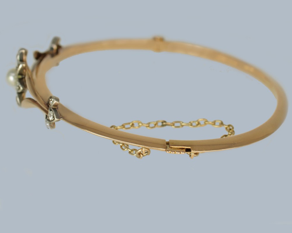 VICTORIAN DIAMOND and PEARL BANGLE 15ct Gold Antique Diamond Floral Bangle circa 1890 View XIV