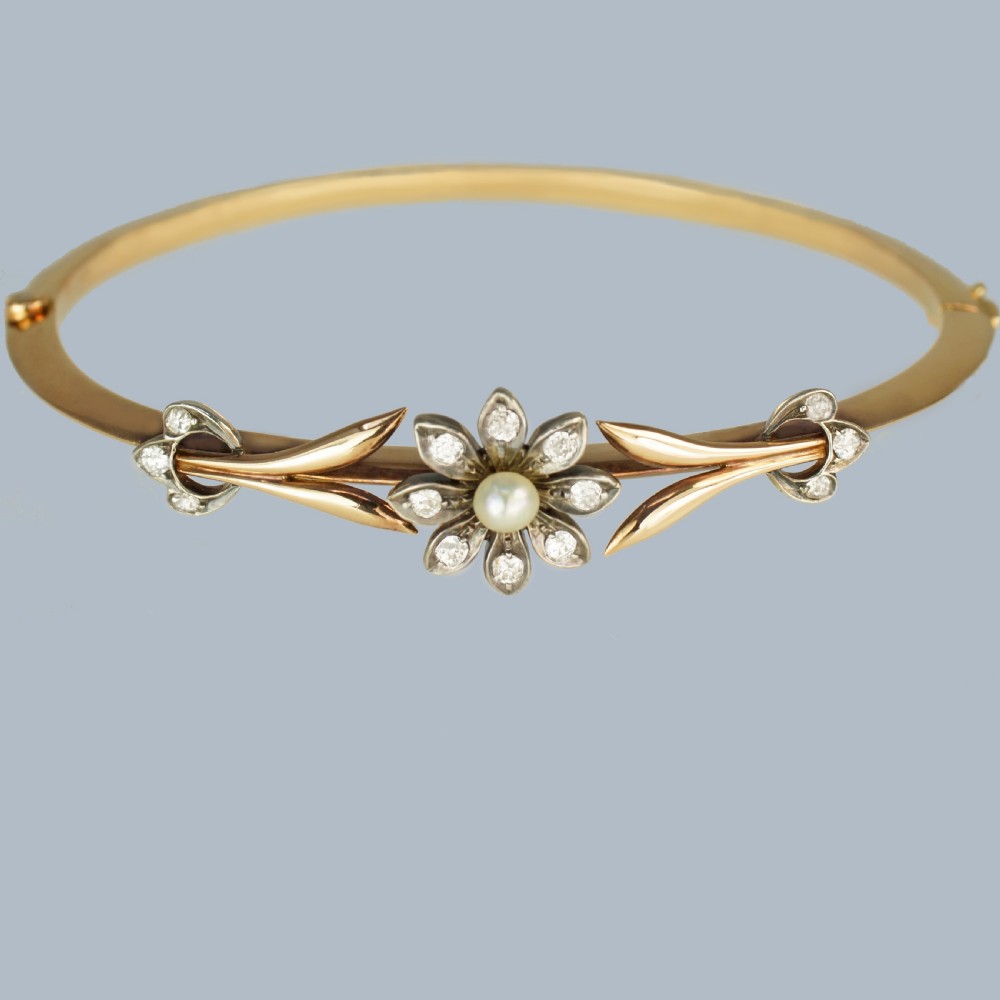 VICTORIAN DIAMOND and PEARL BANGLE 15ct Gold Antique Diamond Floral Bangle circa 1890 View XVI