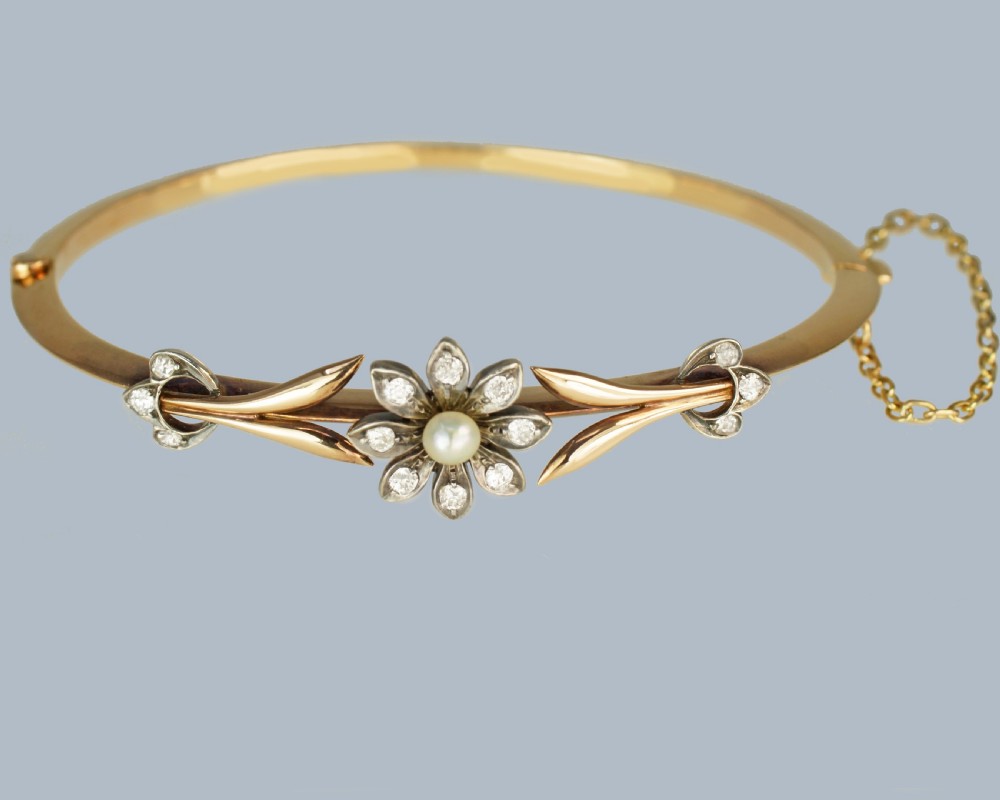 VICTORIAN DIAMOND and PEARL BANGLE 15ct Gold Antique Diamond Floral Bangle circa 1890 View XVII
