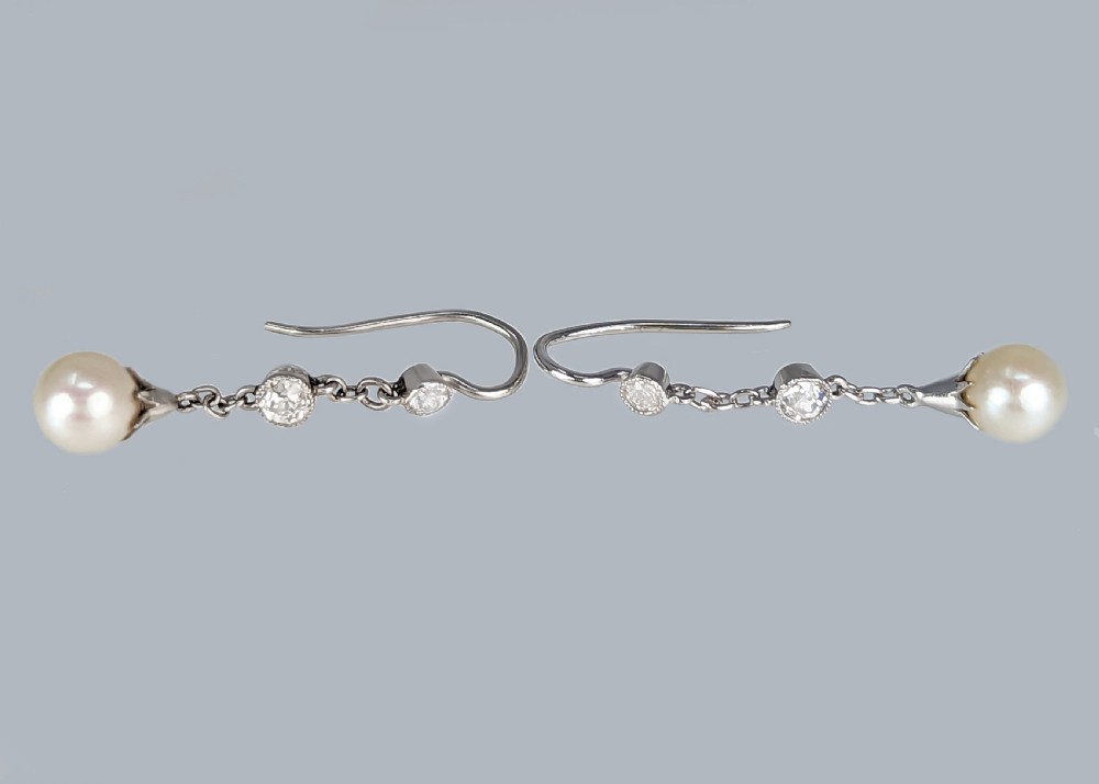 EDWARDIAN DIAMOND and PEARL DROP EARRINGS Platinum Antique Hook Dangle Earrings View IV