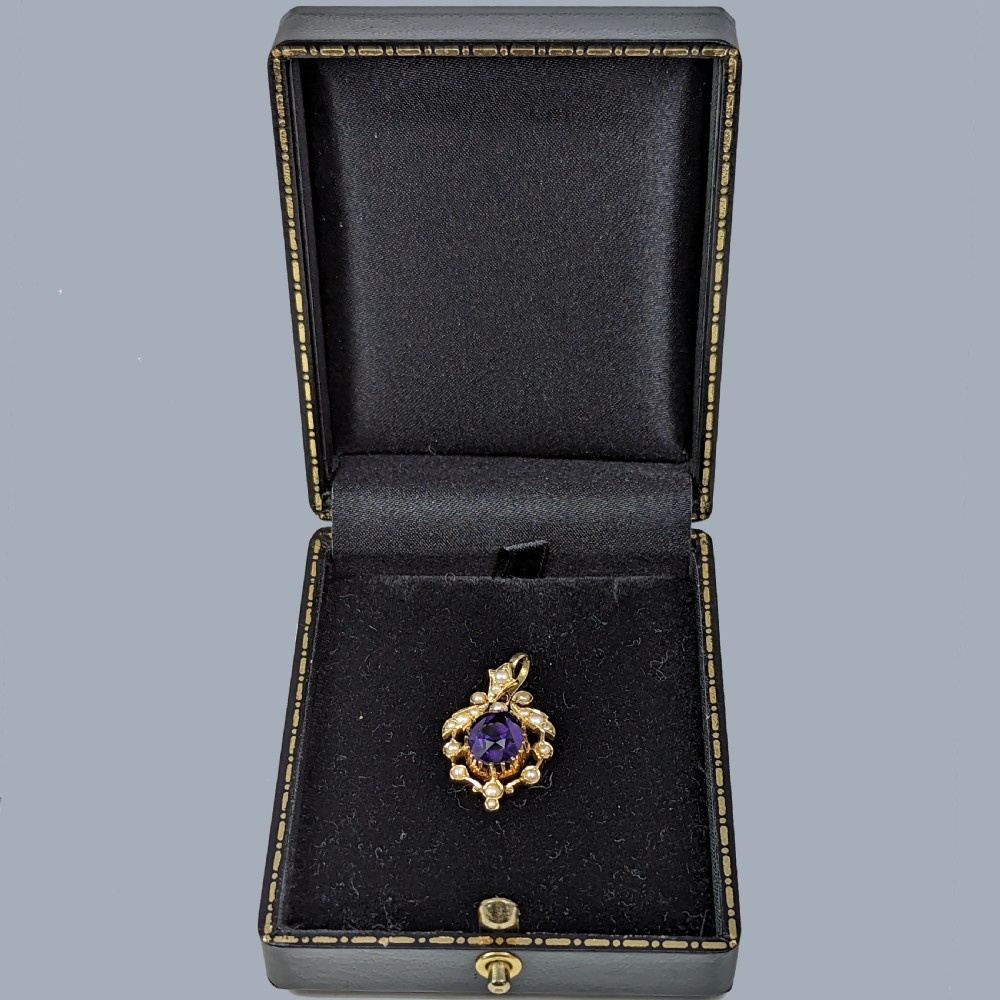 Edwardian Amethyst Pearl Foliate Pendant Vintage 9ct Gold Antique Pendant circa 1905 View V