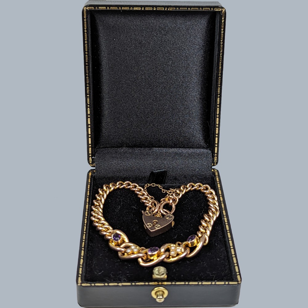 EDWARDIAN AMETHYST PEARL BRACELET Heart Padlock Clasp 9ct Gold Antique London 1907 View V
