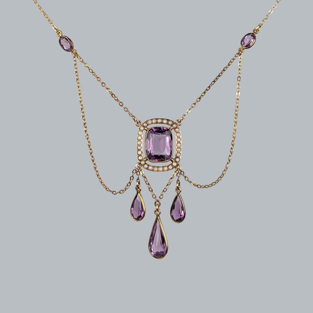 ANTIQUE AMETHYST and PEARL SWAG NECKLACE 15ct Gold Edwardian Necklace circa 1910