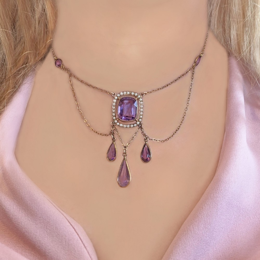 ANTIQUE AMETHYST and PEARL SWAG NECKLACE 15ct Gold Edwardian Necklace circa 1910 View II