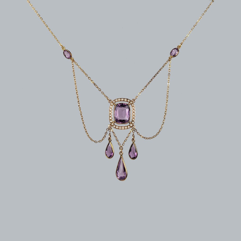 ANTIQUE AMETHYST and PEARL SWAG NECKLACE 15ct Gold Edwardian Necklace circa 1910 View V