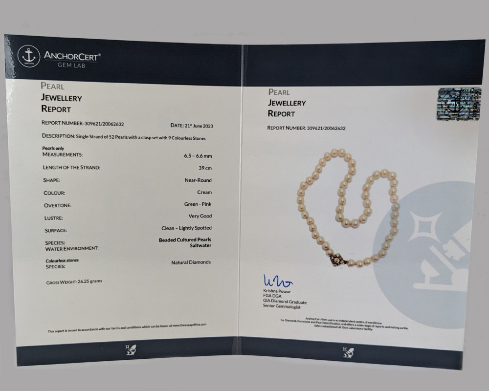ANTIQUE PEARL NECKLACE with DIAMOND CLASP plus Gem Lab Certificate Single Strand View III