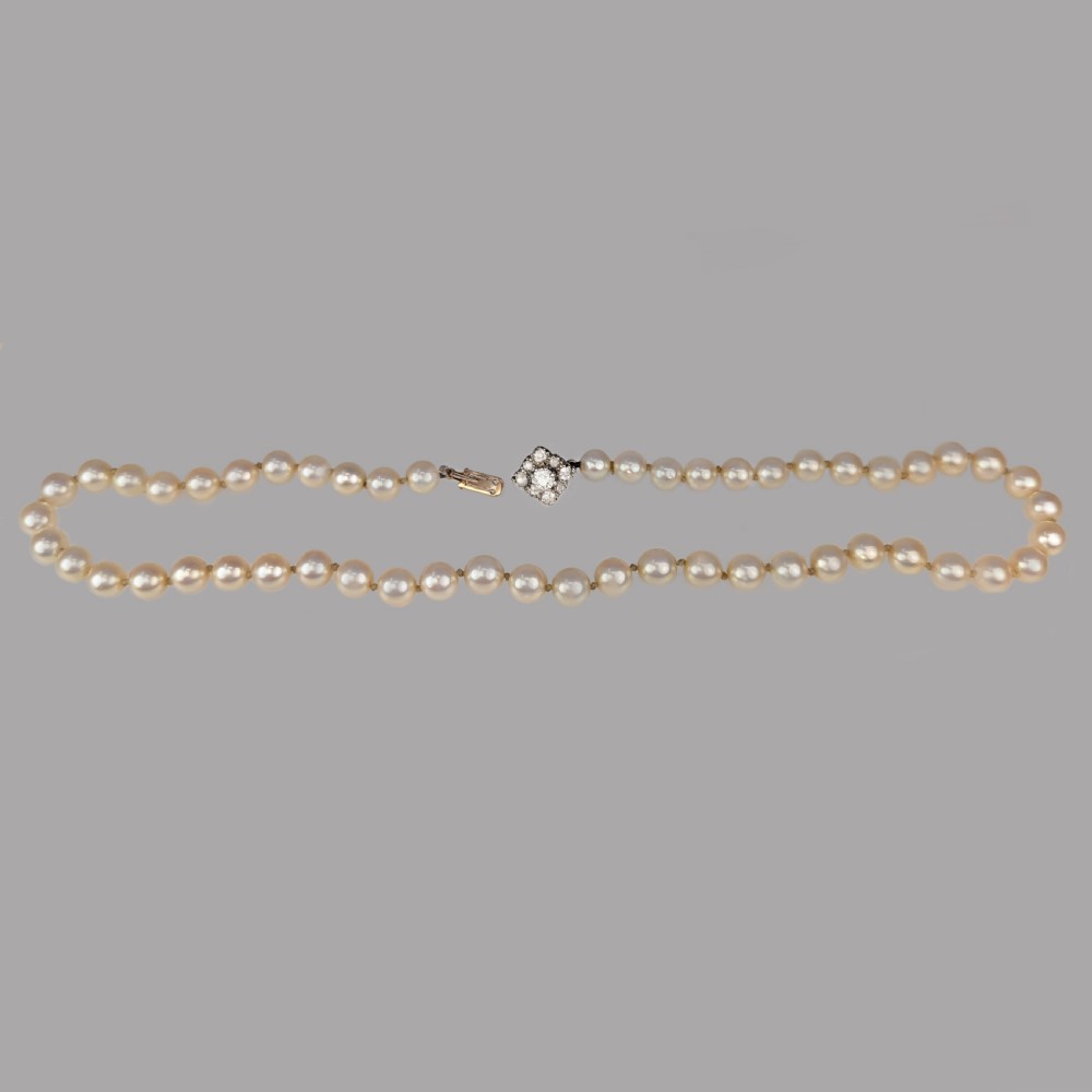 ANTIQUE PEARL NECKLACE with DIAMOND CLASP plus Gem Lab Certificate Single Strand View V