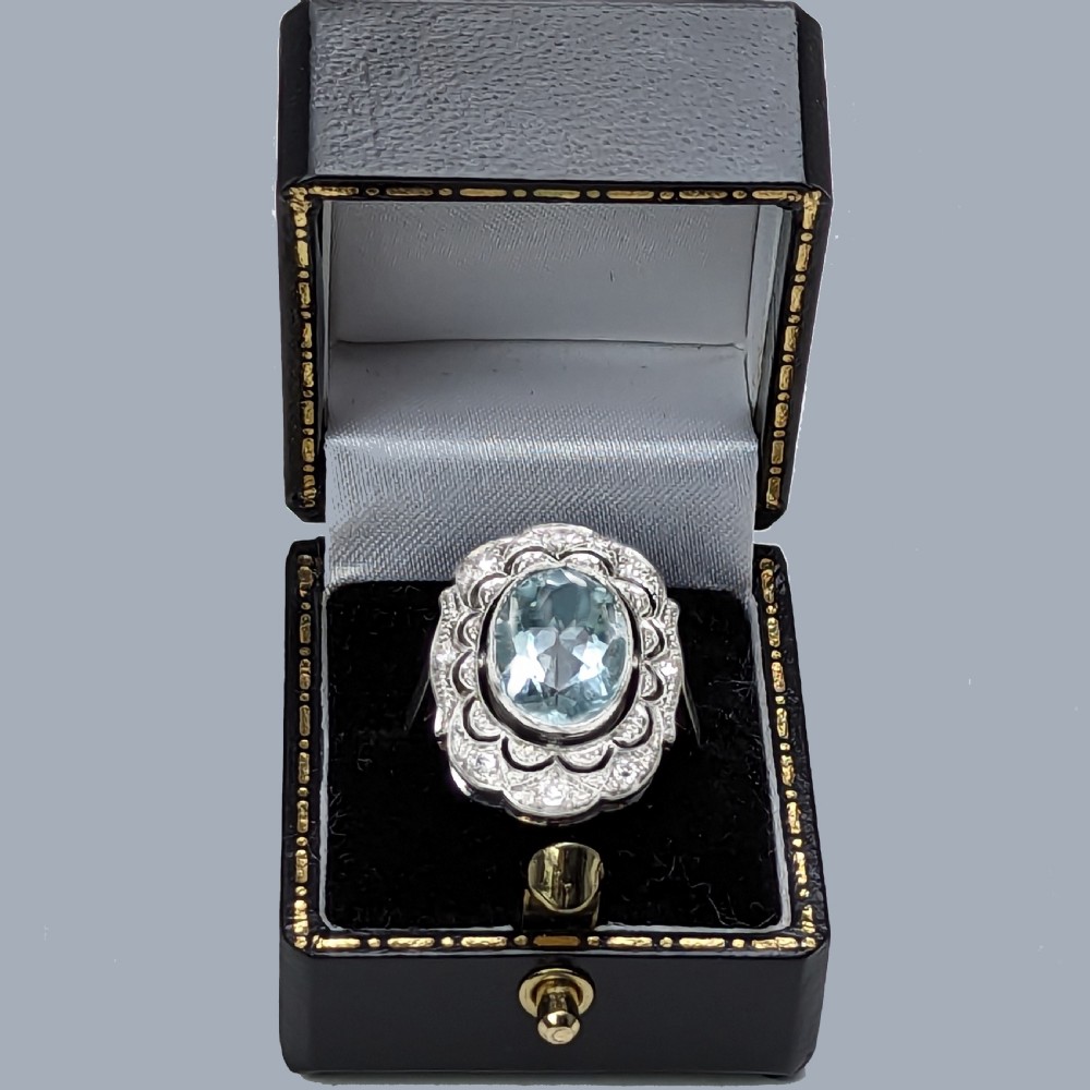 ART DECO RING AQUAMARINE and DIAMOND PLATINUM Antique 1920s Large Dress Ring View VIII