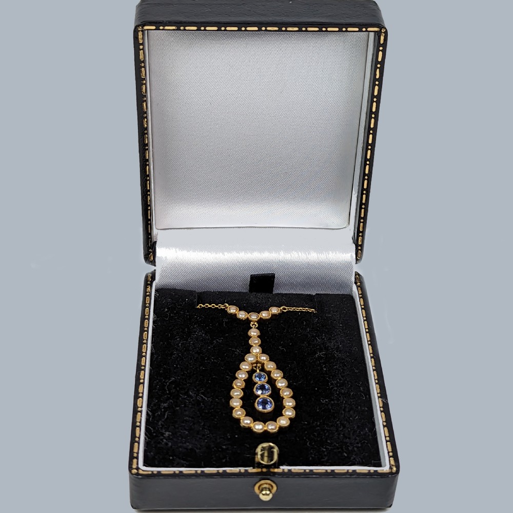 Antique Sapphire and Pearl Necklace 15ct Gold Edwardian Sapphire Drop Pendant View IV