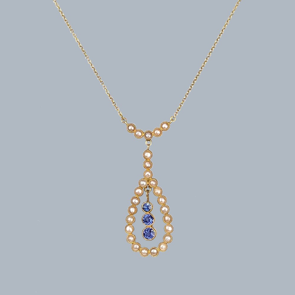 Antique Sapphire and Pearl Necklace 15ct Gold Edwardian Sapphire Drop Pendant View V