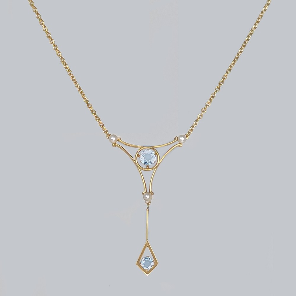  EDWARDIAN AQUAMARINE and PEARL NECKLACE 15ct Gold Antique Drop Pendant circa 1910 View III