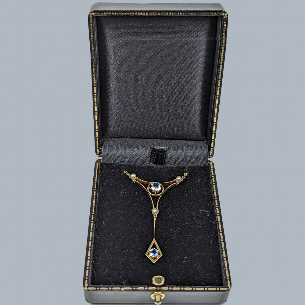  EDWARDIAN AQUAMARINE and PEARL NECKLACE 15ct Gold Antique Drop Pendant circa 1910 View IV