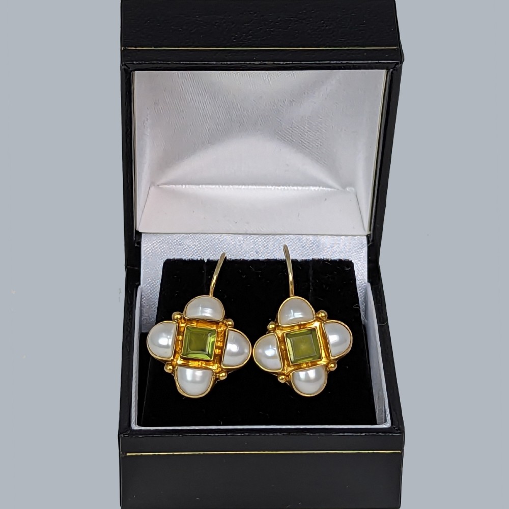 Antique Peridot and Pearl Earrings 15ct Gold Victorian Shepherds Hook Earrings View II