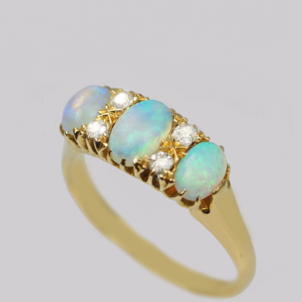 ANTIQUE OPAL and DIAMOND TRILOGY RING 18ct Gold Victorian Old Cut Diamond Opal Ring View II