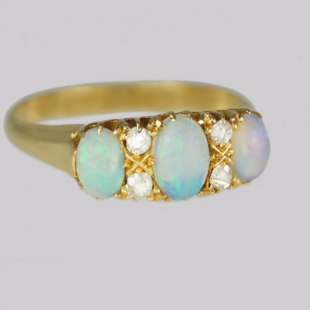 ANTIQUE OPAL and DIAMOND TRILOGY RING 18ct Gold Victorian Old Cut Diamond Opal Ring View III