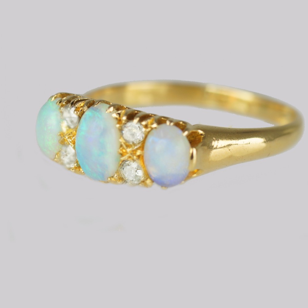 ANTIQUE OPAL and DIAMOND TRILOGY RING 18ct Gold Victorian Old Cut Diamond Opal Ring View IV