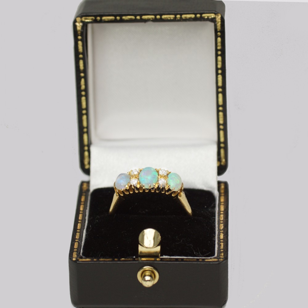 ANTIQUE OPAL and DIAMOND TRILOGY RING 18ct Gold Victorian Old Cut Diamond Opal Ring View V