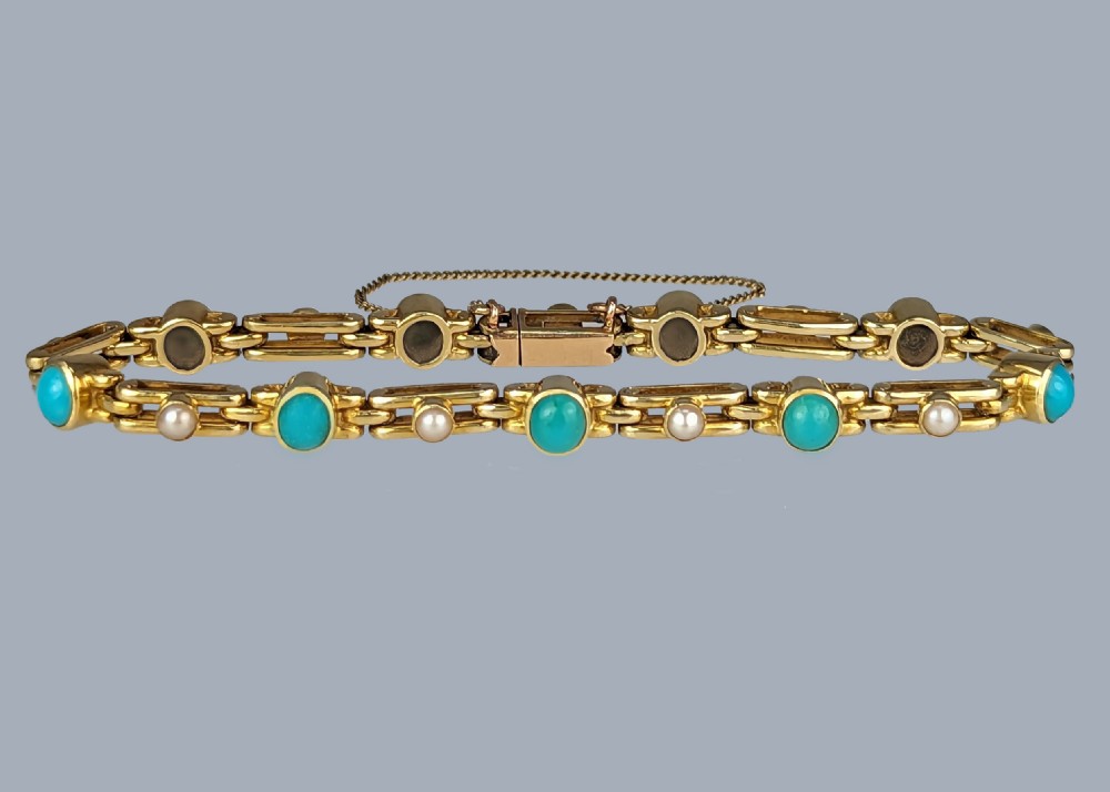 ANTIQUE TURQUOISE & PEARL BRACELET 18ct Gold Victorian Gate link Bracelet Circa 1890 View IV