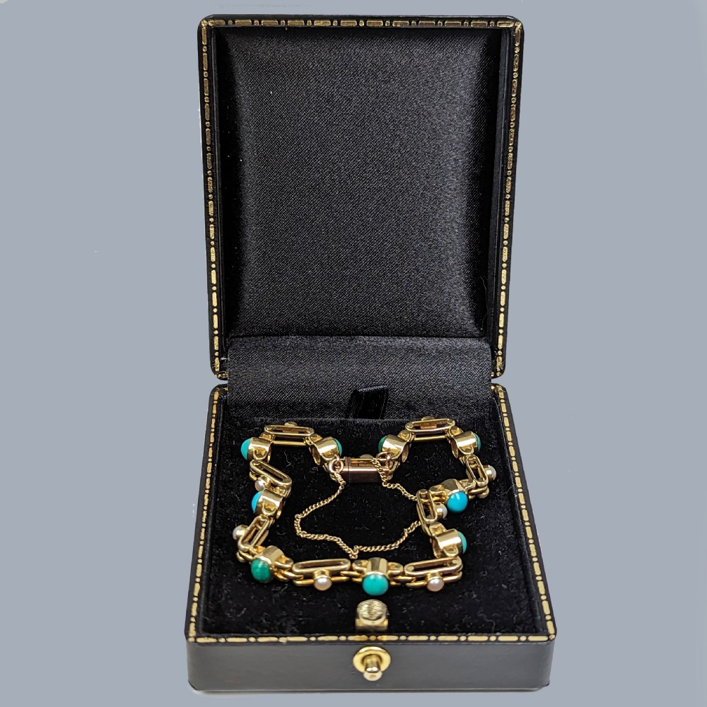 ANTIQUE TURQUOISE & PEARL BRACELET 18ct Gold Victorian Gate link Bracelet Circa 1890 View V