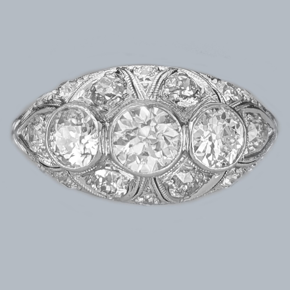 Art Deco Old Cut Diamond Platinum Bombé Ring Original 1920s 3ct Diamond Cluster