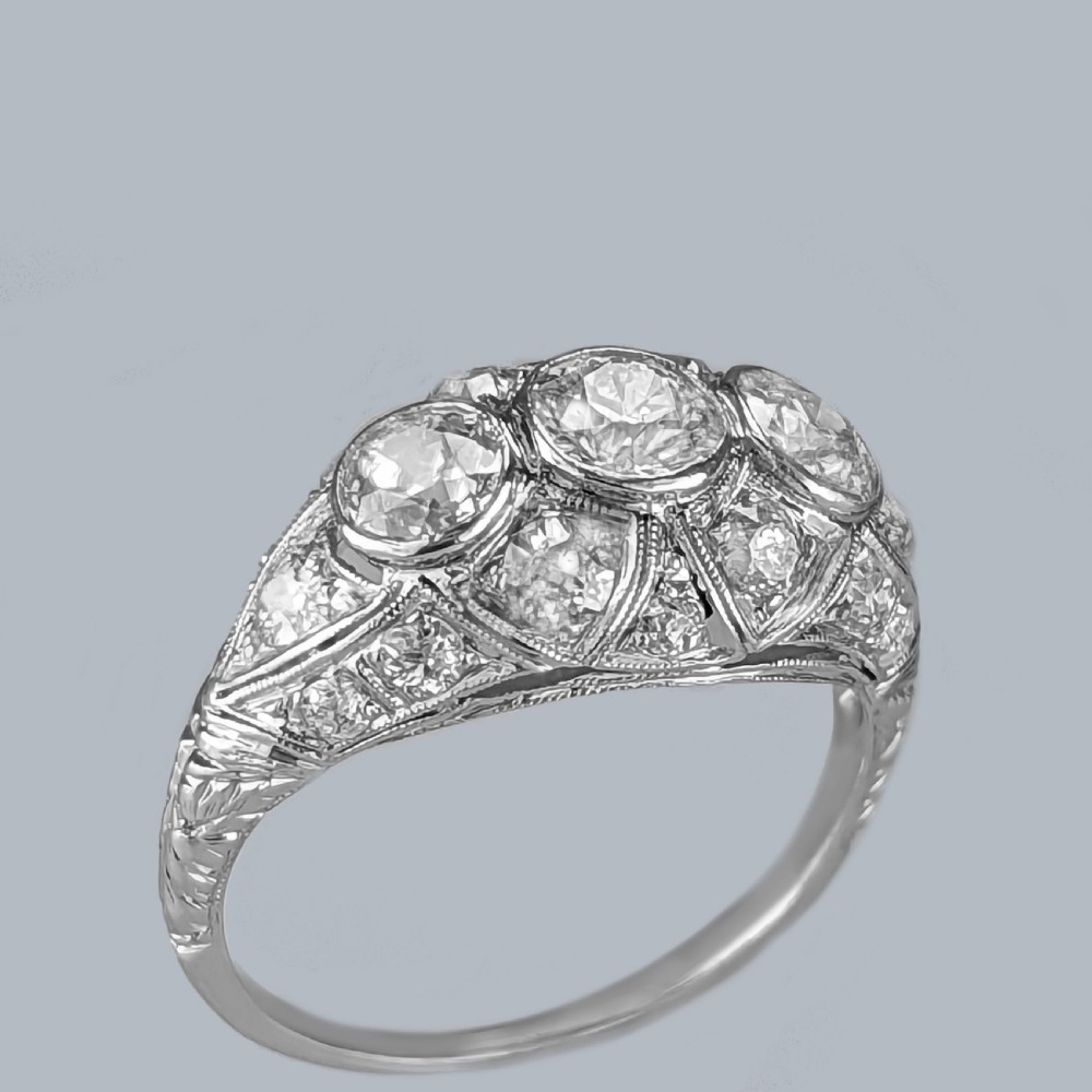 Art Deco Old Cut Diamond Platinum Bombé Ring Original 1920s 3ct Diamond Cluster View IV