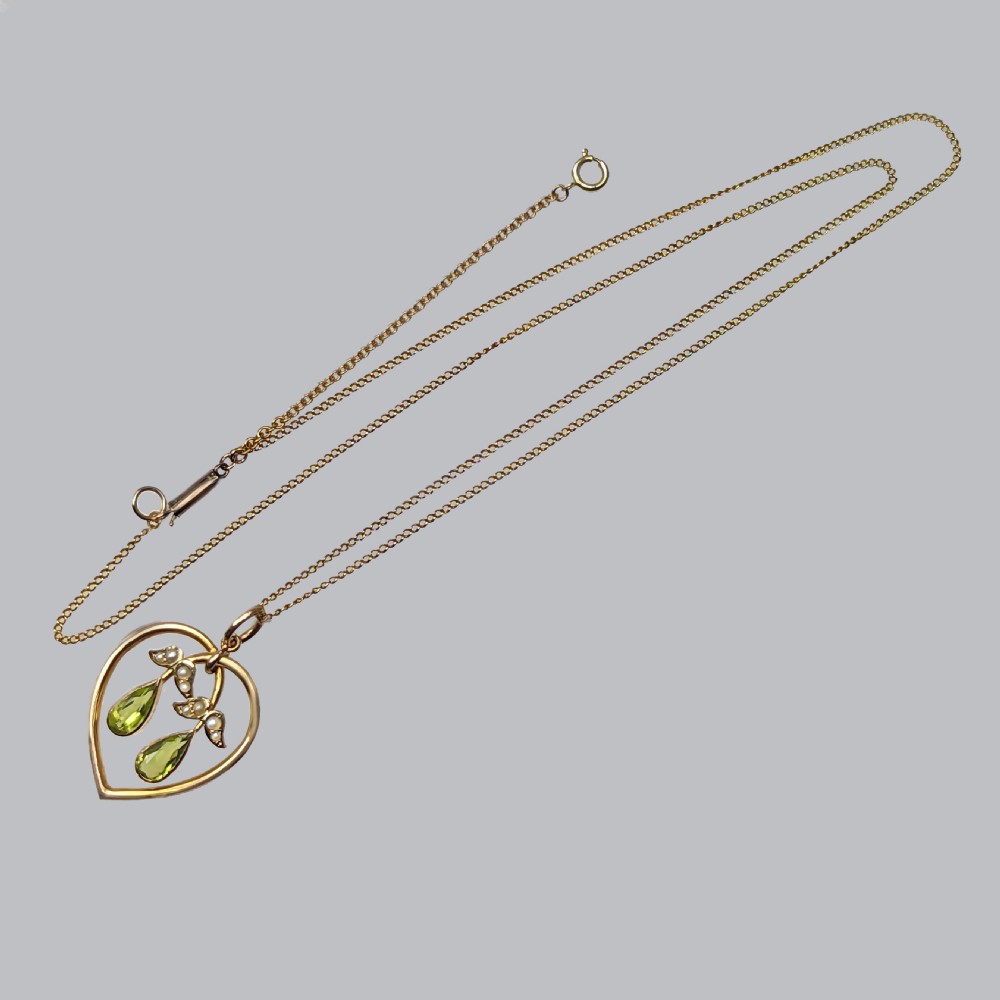 ART NOUVEAU PENDANT PERIDOT and PEARL 9ct Gold Floral Antique Edwardian Pendant View IX