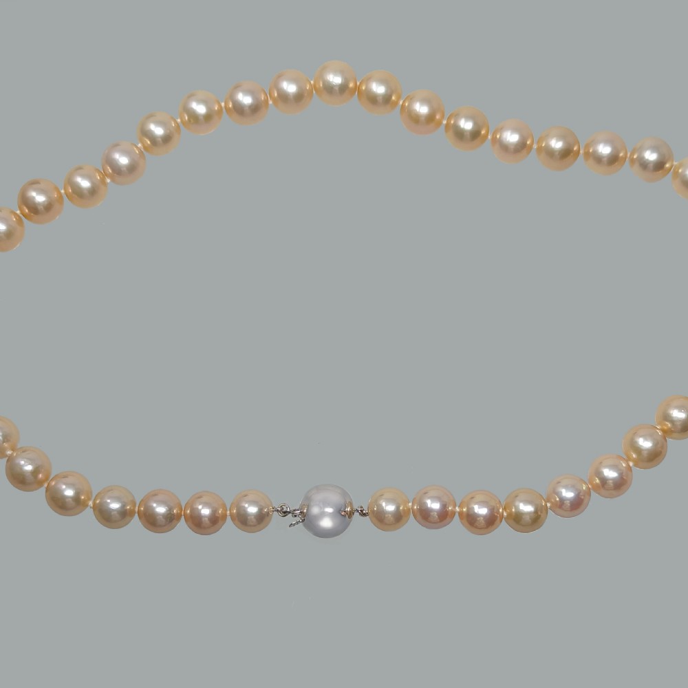 Vintage Pearl Necklace Pink Freshwater 10mm with Gem Report 9ct Gold Clasp Single Strand View V