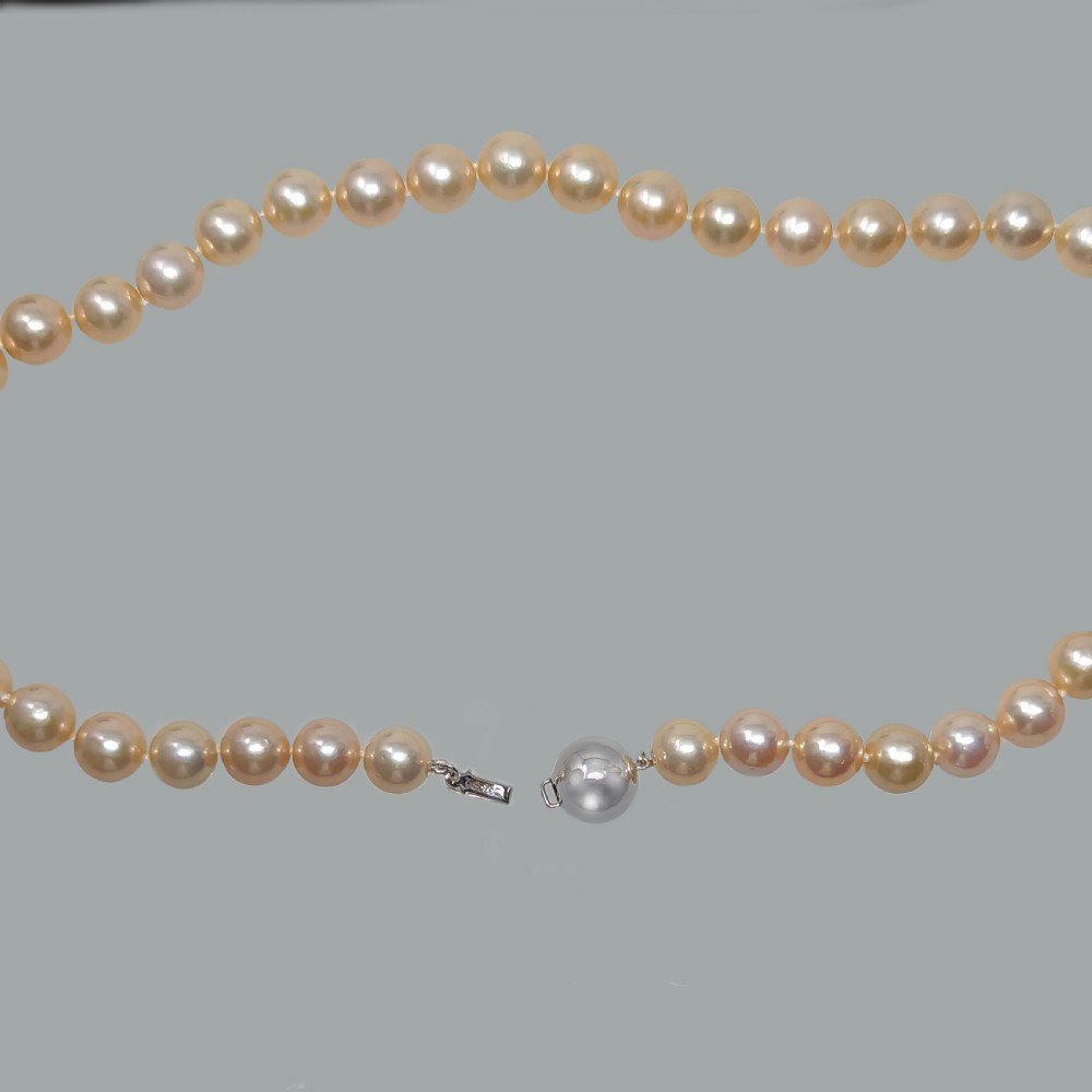 Vintage Pearl Necklace Pink Freshwater 10mm with Gem Report 9ct Gold Clasp Single Strand View VI
