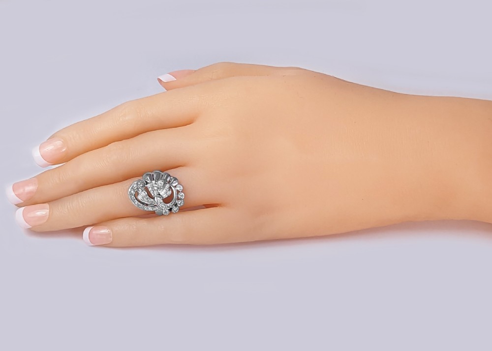 
Retro Diamond Cocktail Ring 14K Gold Vintage American Panel Scroll Ring 1940/50s View X