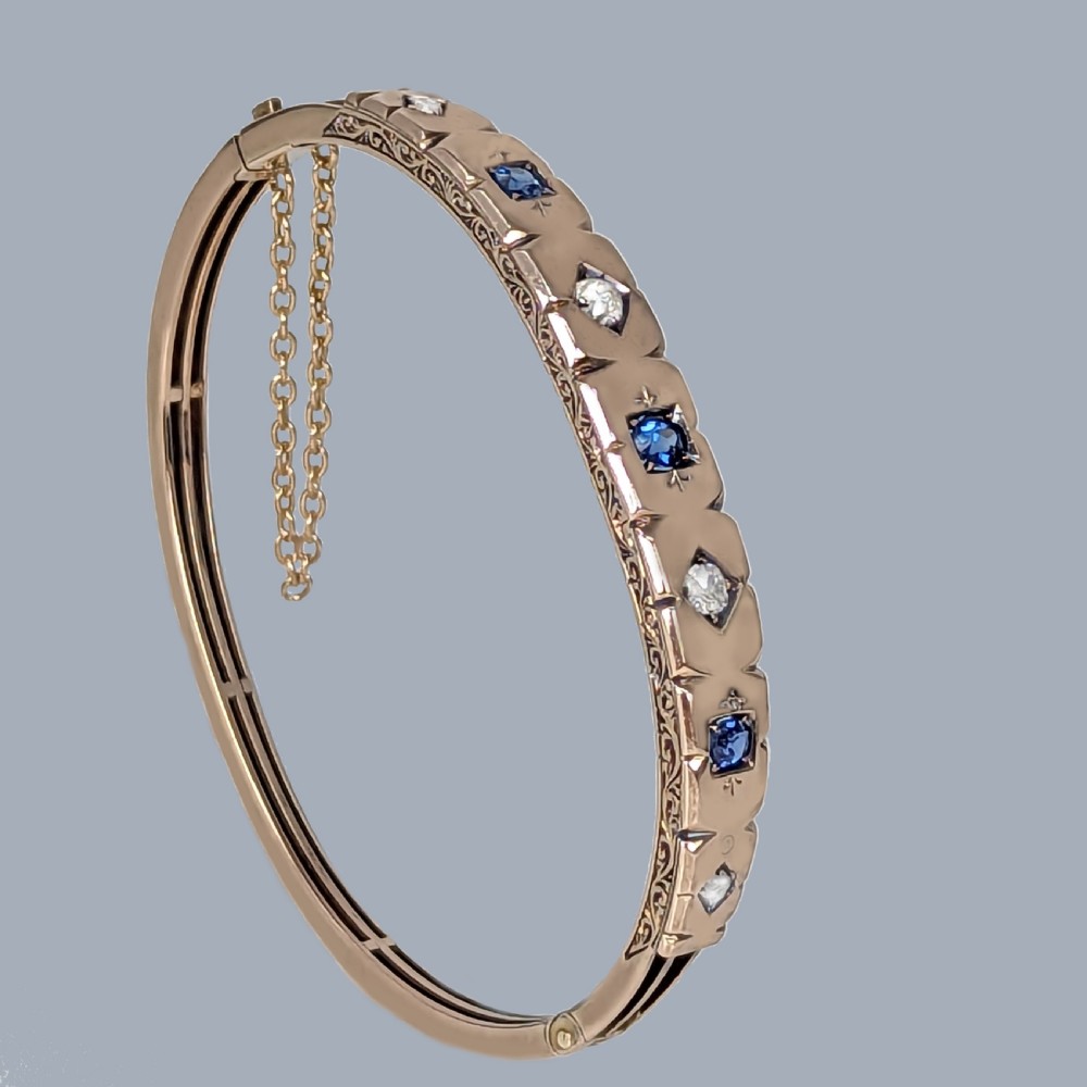 Antique Diamond Sapphire Bangle 9ct Rose Gold Victorian Bracelet Circa 1890 Old Cut Diamond Bangle
