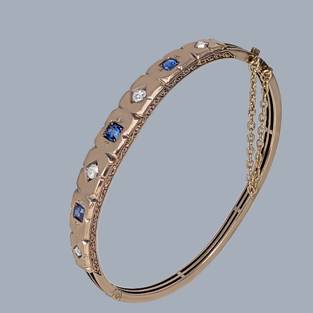 Antique Diamond Sapphire Bangle 9ct Rose Gold Victorian Bracelet Circa 1890 Old Cut Diamond Bangle View IV