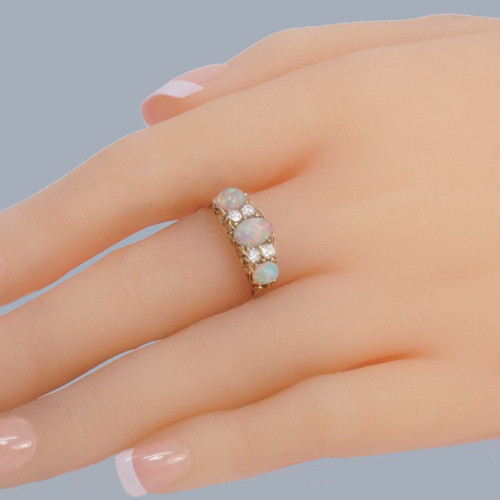 Antique Opal and Diamond Ring 18ct Gold Victorian Ornate Trilogy Ring Circa 1890 View VII