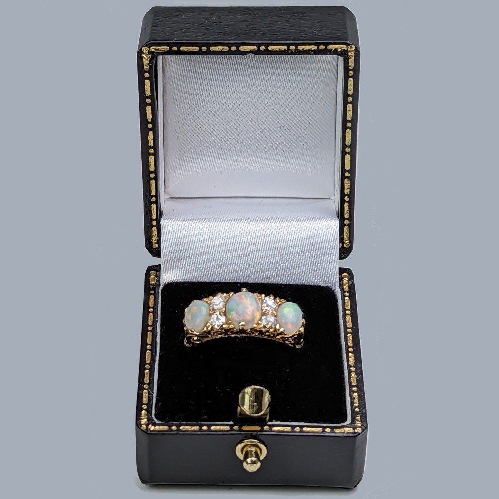 Antique Opal and Diamond Ring 18ct Gold Victorian Ornate Trilogy Ring Circa 1890 View XII