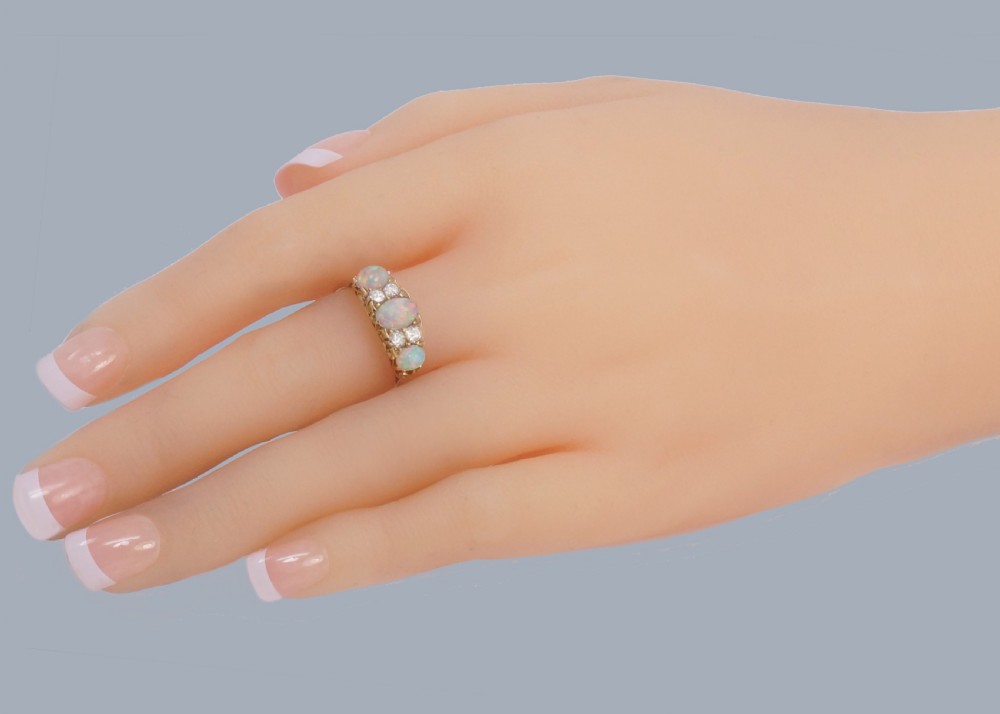 Antique Opal and Diamond Ring 18ct Gold Victorian Ornate Trilogy Ring Circa 1890 View XIII