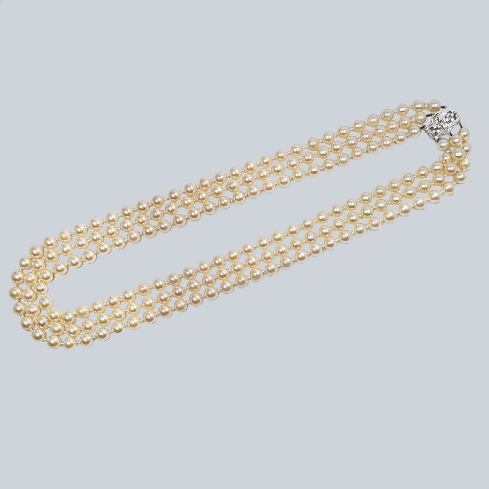 Art Deco Pearl Necklace with Diamond Clasp Vintage Triple Strand 1930s Necklace