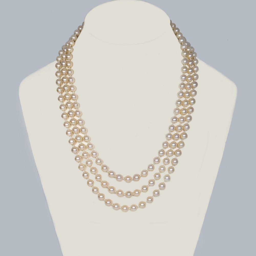 Art Deco Pearl Necklace with Diamond Clasp Vintage Triple Strand 1930s Necklace View II