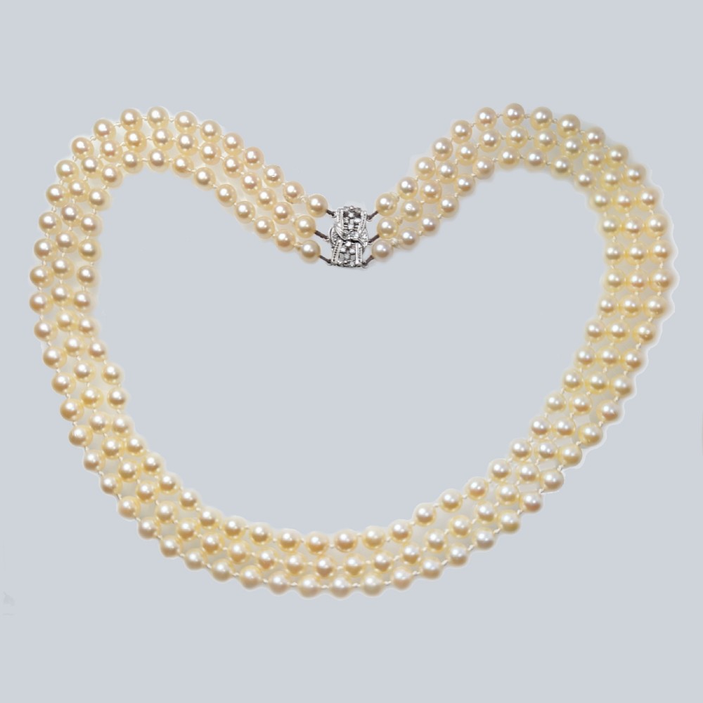 Art Deco Pearl Necklace with Diamond Clasp Vintage Triple Strand 1930s Necklace View IV