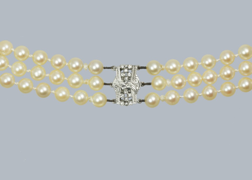 Art Deco Pearl Necklace with Diamond Clasp Vintage Triple Strand 1930s Necklace View V