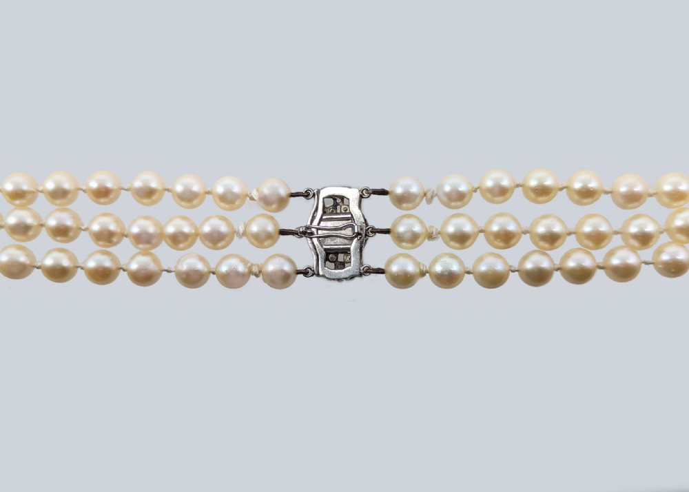 Art Deco Pearl Necklace with Diamond Clasp Vintage Triple Strand 1930s Necklace View VI