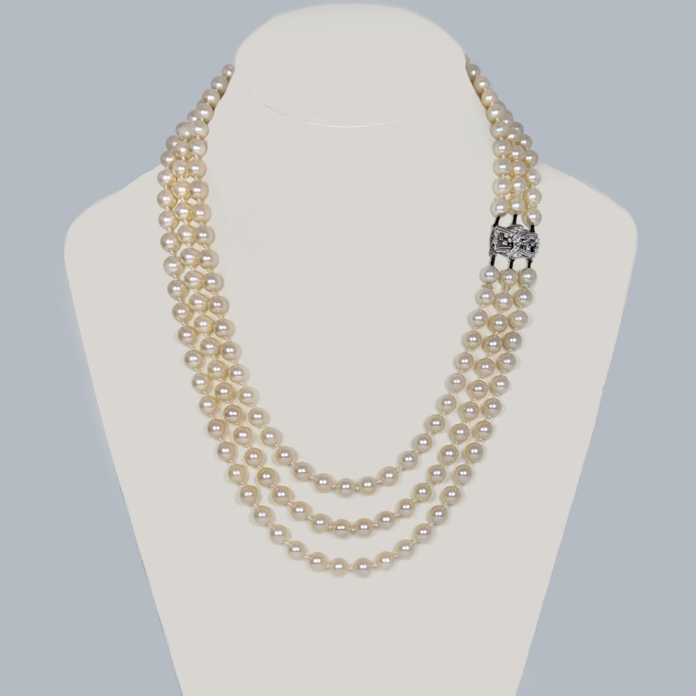 Art Deco Pearl Necklace with Diamond Clasp Vintage Triple Strand 1930s Necklace View VIII