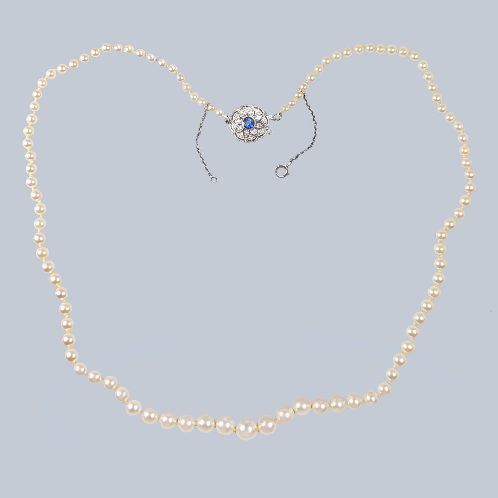 Antique Pearl Necklace Diamond Sapphire Clasp with Gem Certificate Single Strand 