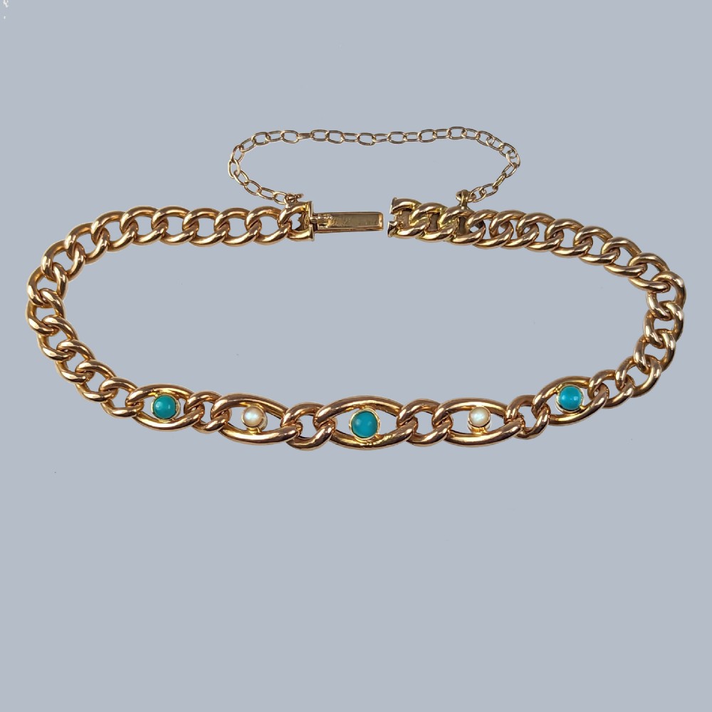 Victorian 15ct Gold Turquoise & Pearl Curb Link Bracelet Antique Bracelet circa 1880 View IV
