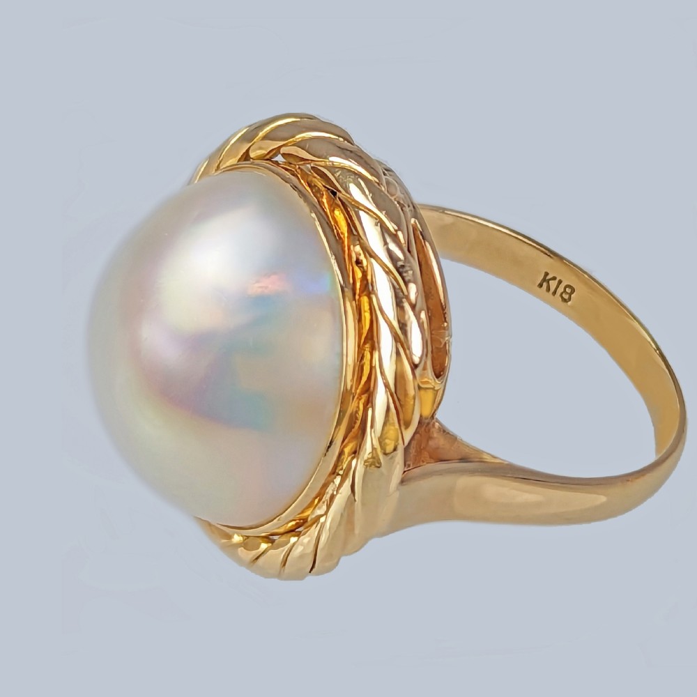 Vintage Mabe Pearl Ring 18ct Yellow Gold 1950s Large Retro Cocktail Ring