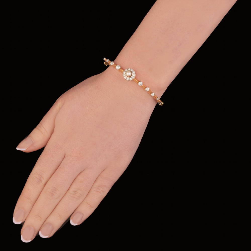 ANTIQUE DIAMOND & PEARL BANGLE 18ct Gold Edwardian 1.30ct Diamond Bangle Circa 1910 View VIII