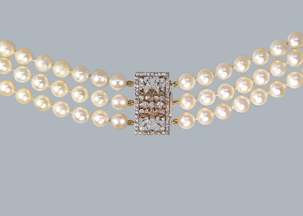 Vintage Pearl Necklace with Rose Cut Diamond Clasp Triple Strand 1950s Necklace View VI